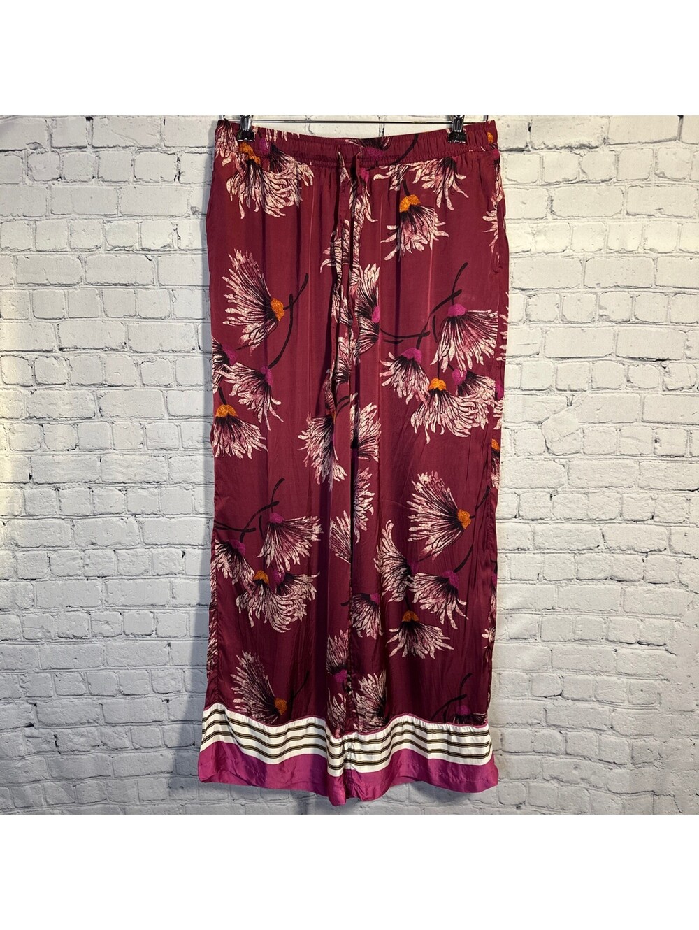 Anthropologie Boho Floral Mulberry Maroon Pink Silky Pajama Pants M